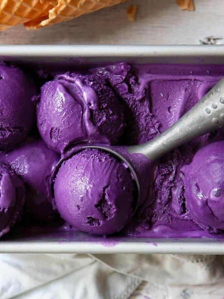 ube ice cream scoops in container