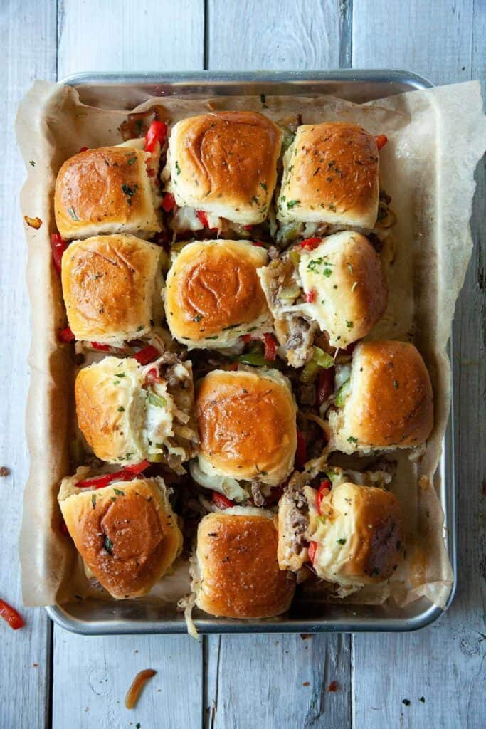 top view of baked Philly Cheesesteak Sliders