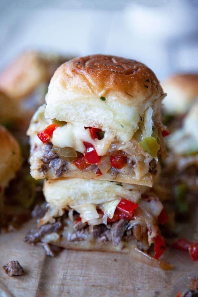 stacked philly cheesesteak sliders