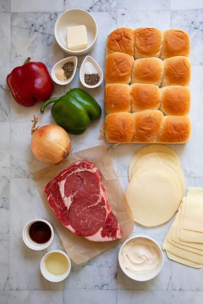 ingredients for Philly Cheesesteak Sliders
