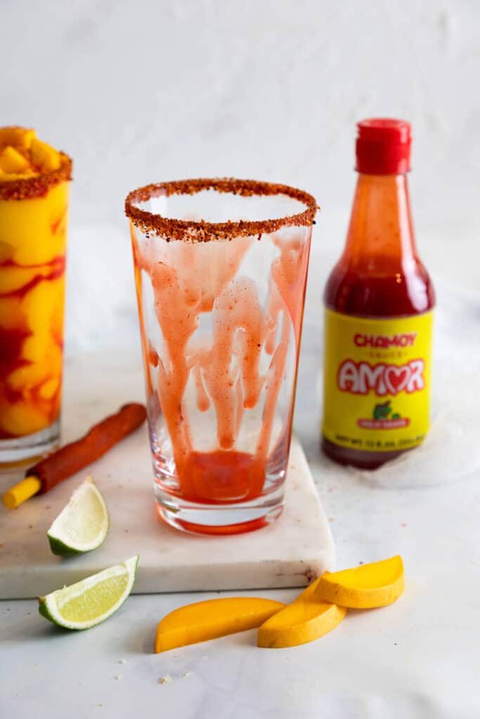pouring chamoy into glass