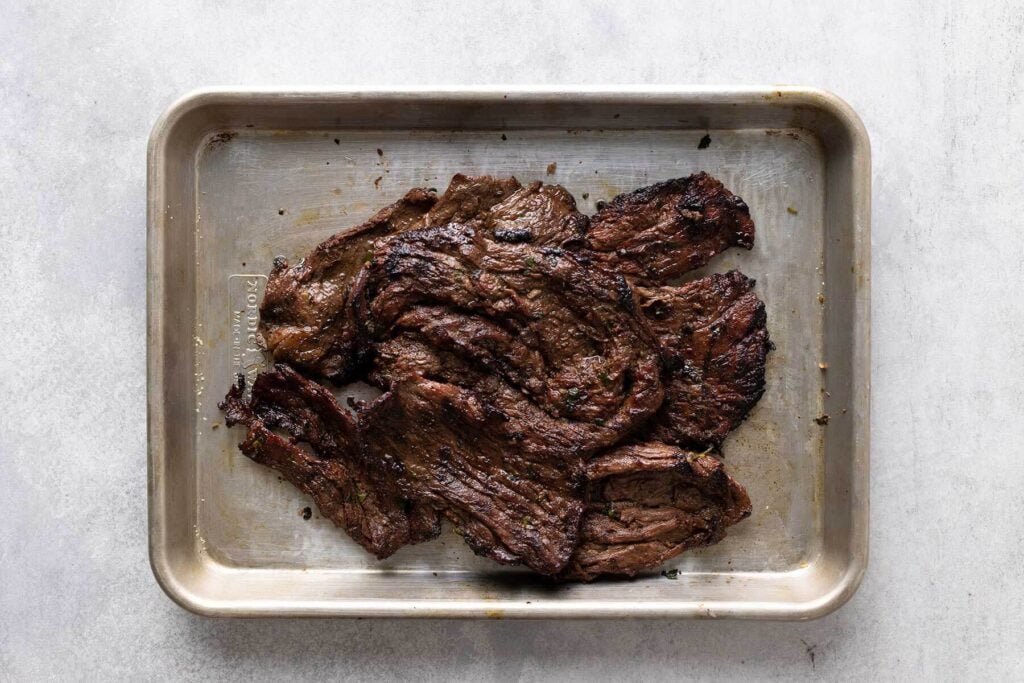 pan of grilled steak