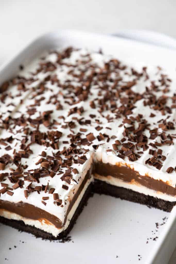 pan of chocolate lasagna with pieces cut out