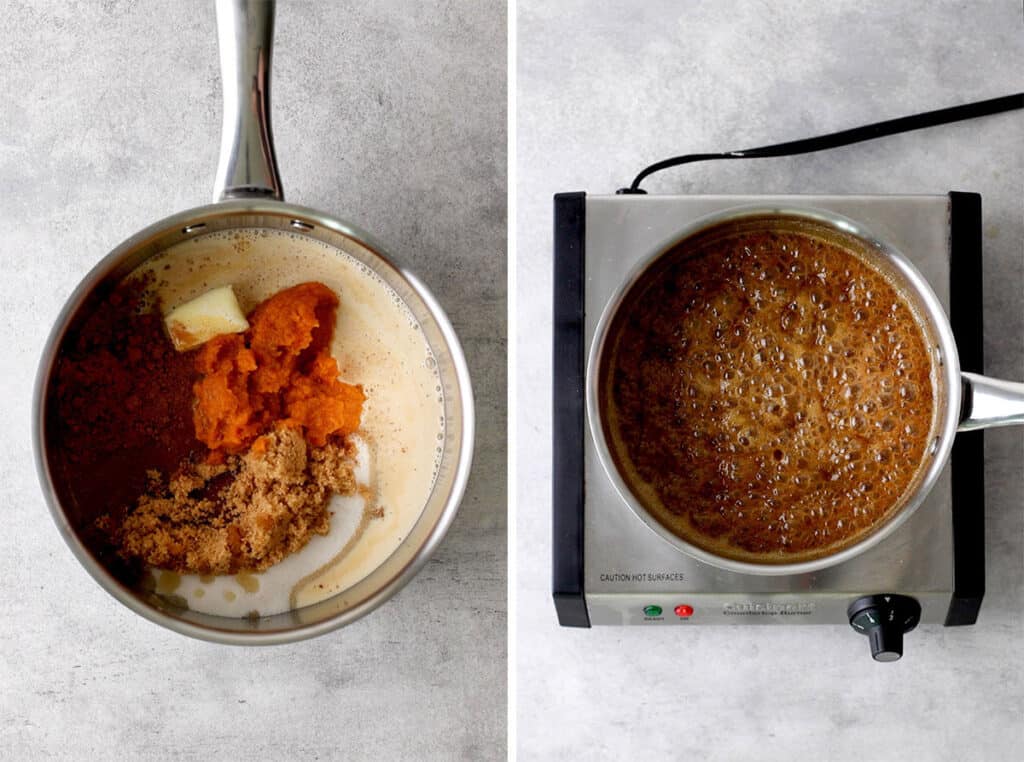 a pan showing the base ingredients of pumpkin fudge: sugar, brown sugar, evaporated milk, pumpkin, pumpkin spice, and butter and another pan showing that mixture boiling