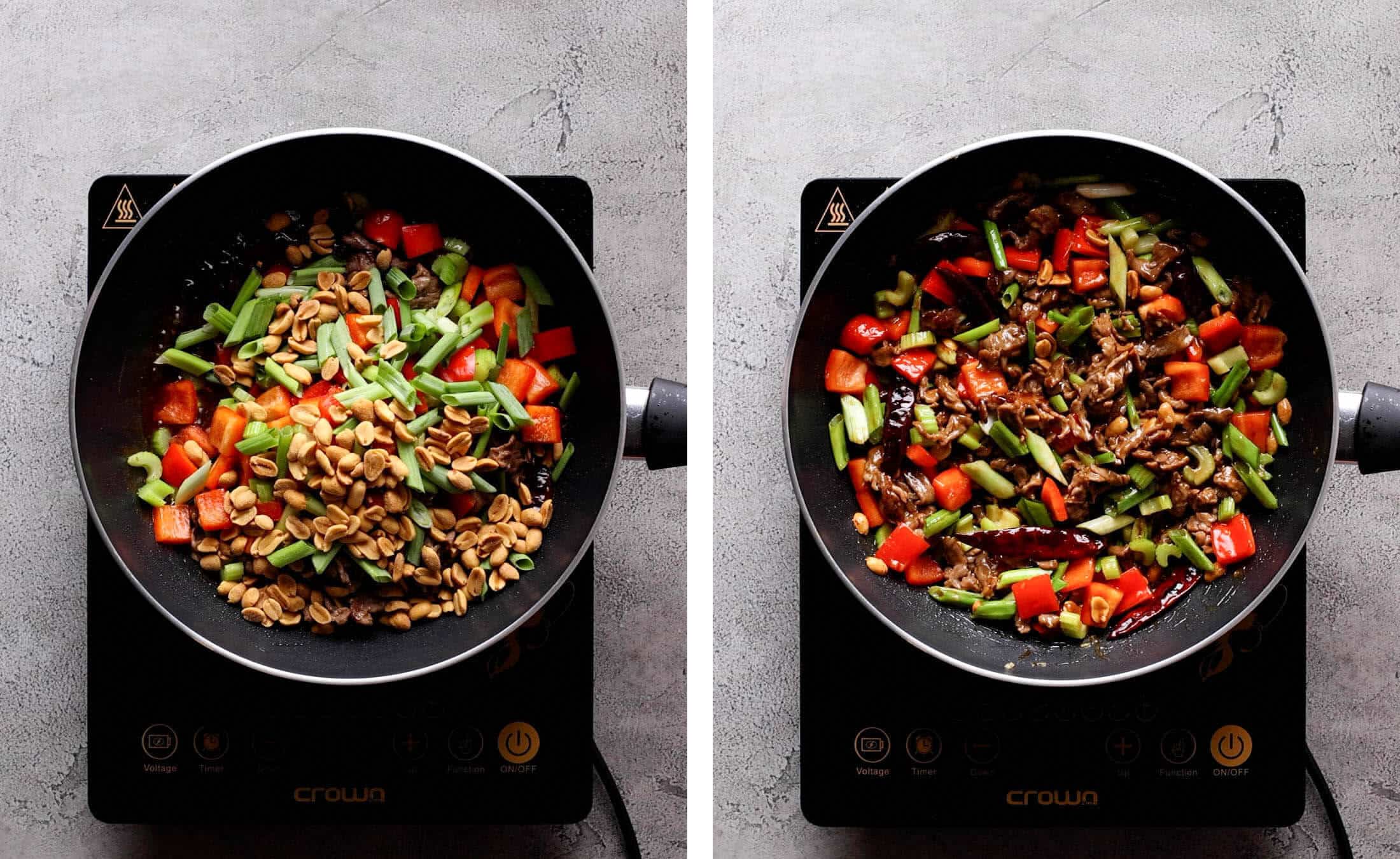 two pans showing the stir fry being mixed together