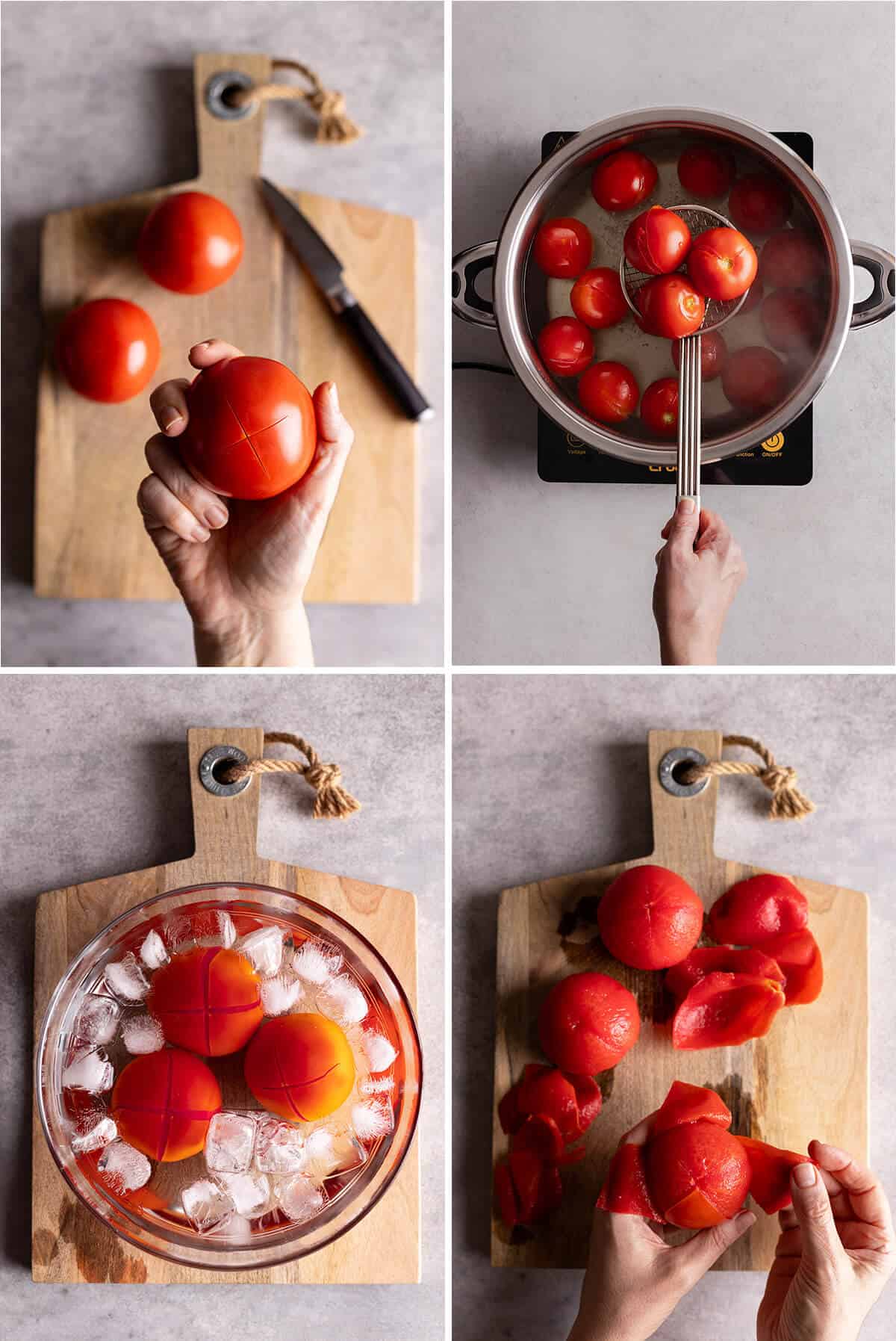 steps showing how to peel tomatoes by blanching