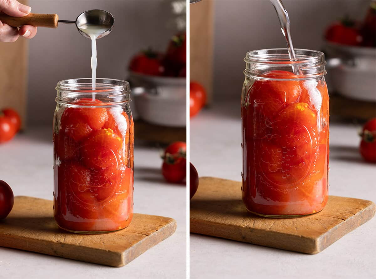 Pouring lemon juice and boiling water into a jar of tomatoes