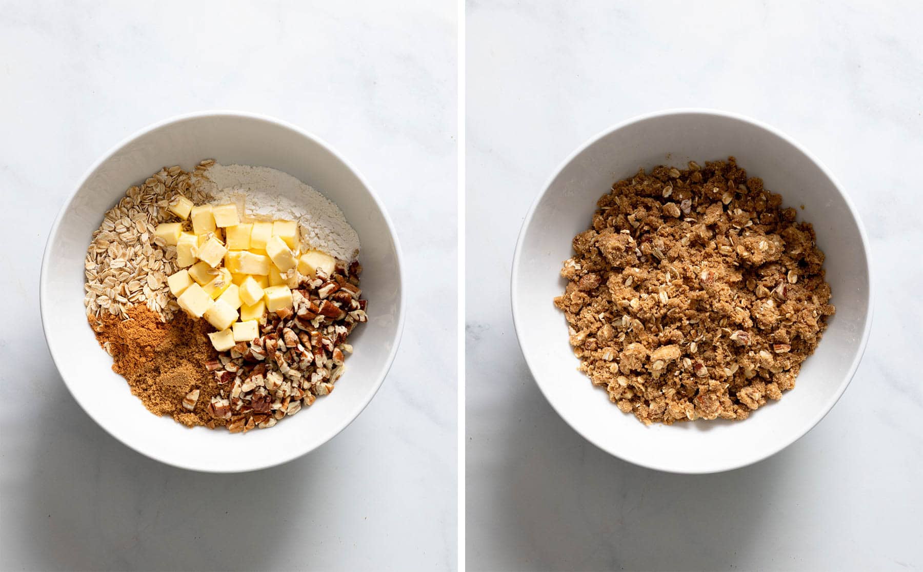 Two side-by-side bowls showing the pumpkin crisp topping: one with oats, pecans, spices, flour, and cubed butter, and the other with the fully mixed, crumbly topping.