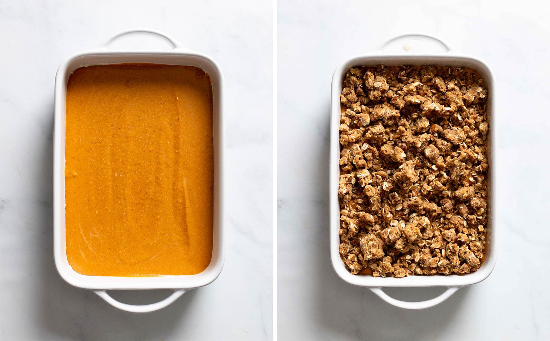 Side-by-side images showing a baking dish filled with smooth pumpkin filling and the same dish topped with a thick layer of oat and pecan crumble.