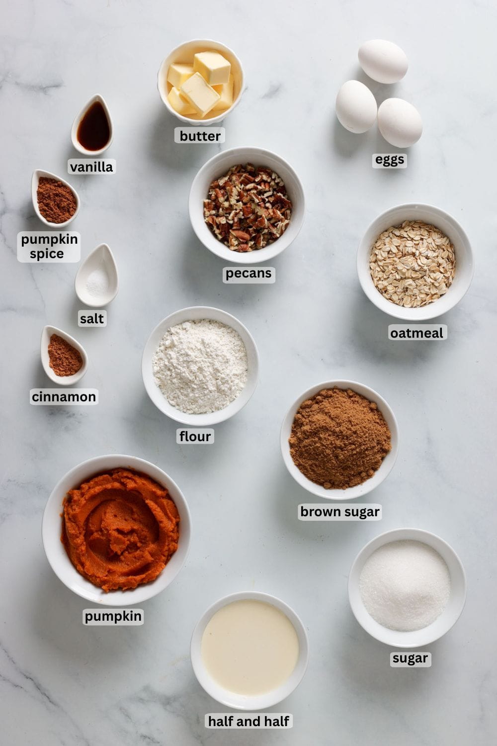 A flatlay of pumpkin crisp ingredients arranged on a white countertop, including pumpkin purée, spices, flour, oats, pecans, butter, eggs, sugars, vanilla, and half-and-half.